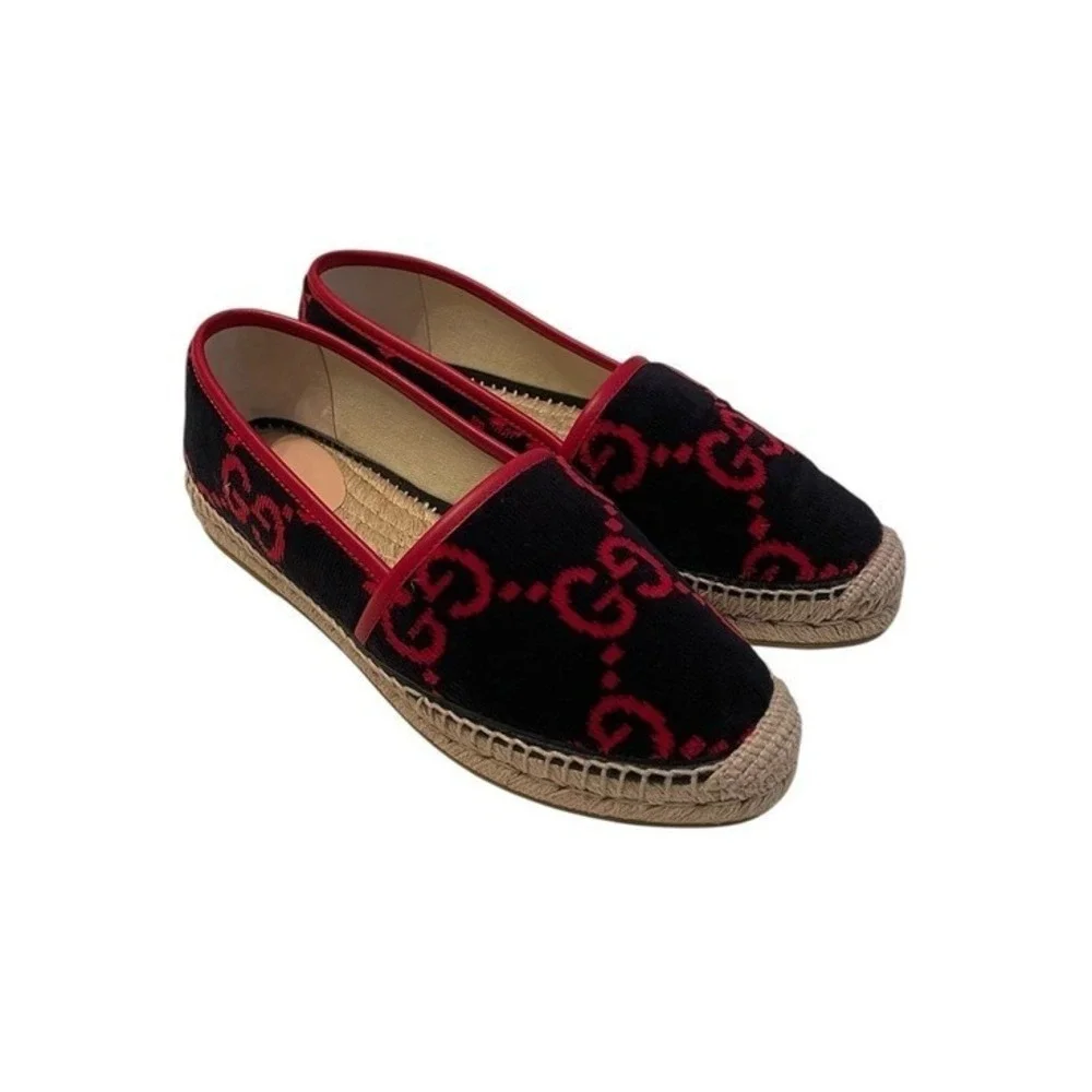 Gucci Women's GG Velvet Blue Red Logo Jute Espadrille Flats Size IT 39 (US 9)